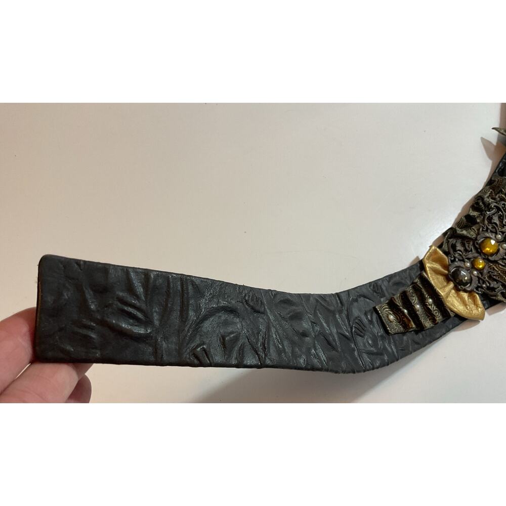 80s Nina Arjani Medium Leatherock Belt Rhinestones & Pearls Leather - Picture 5 of 10